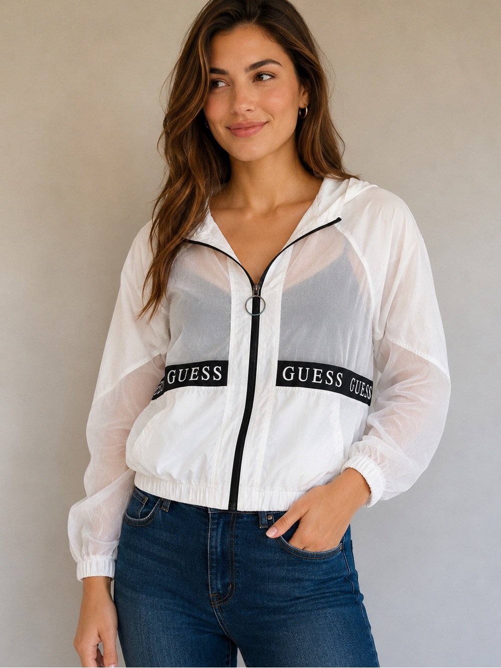 GUESS White Hooded Mesh-Panel Bomber Jacket with Black Trim